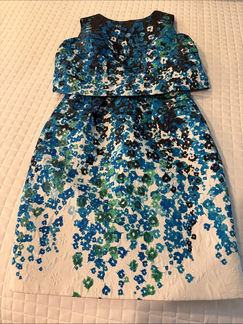 Monique Lhuillier Blue, Green & Black Floral Fit-and-Flare Dress